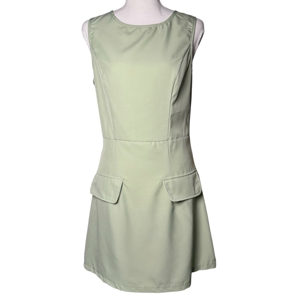 Retro Mod‎ Sage Green Preppy Women Sleeveless Pocket Mini Dress Size Medium